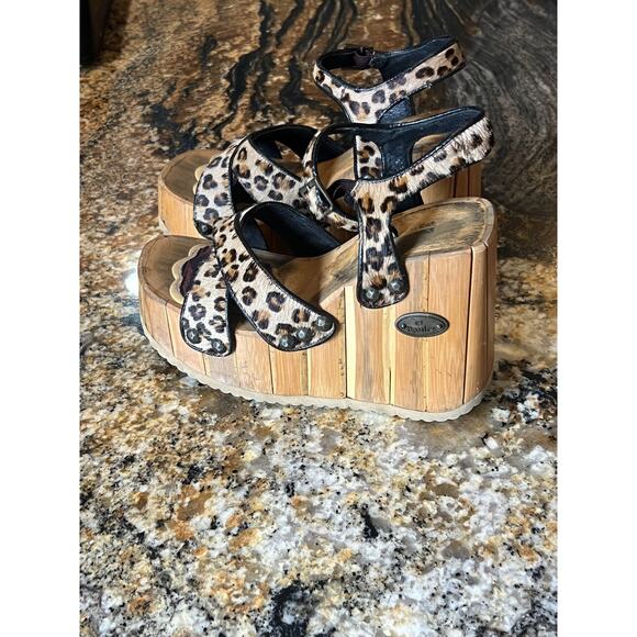 El Dantes wood platform sandals leopard Vintage 90s bratz 70s EU 37 UK 4 US 6 - Picture 2 of 9